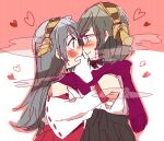  2girls black_skirt blush brown_eyes commentary_request cowboy_shot detached_sleeves double-parted_bangs from_side glasses grey_eyes grey_hair hair_between_eyes hairband halftone halftone_background haruna_(kancolle) heart height_difference hug kantai_collection kirishima_(kancolle) long_hair long_sleeves looking_at_another medium_hair multiple_girls nontraditional_miko oomori_(kswmr) open_mouth outline parted_bangs pleated_skirt purple_scarf red_background red_outline red_skirt scarf shared_clothes shared_scarf sidelocks skirt steam white_background wide_sleeves yellow_hairband yuri 