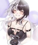  1girl absurdres arm_strap black_choker black_hair breasts cake candle character_cake choker cleavage food grin highres holding holding_plate hololive hololive_english large_breasts looking_at_viewer multicolored_hair nurizza_ilst plate shiori_novella shiori_novella_(1st_costume) smile solo split-color_hair teeth two-tone_hair white_hair yellow_eyes yorick_(shiori_novella) 
