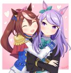  absurdres animal_ears aqua_bow ascot bow coat commentary_request ear_bow ear_ribbon epaulettes frilled_coat frilled_jacket frills heart high_ponytail highres horse_ears horse_girl hug jacket mejiro_mcqueen_(frontline_elegance)_(umamusume) mejiro_mcqueen_(umamusume) multicolored_hair pink_ascot ponytail purple_eyes purple_hair single_epaulette single_hair_streak streaked_hair tokai_teio_(peak_joy)_(umamusume) tokai_teio_(umamusume) umamusume white_streaks yuri zzkuteozzfa 