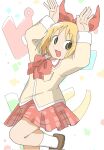  1girl :d annaka_haruna arms_up blonde_hair bow breast_pocket brown_shirt brown_shoes character_request commentary dot_nose foot_out_of_frame hair_bow highres long_sleeves looking_at_viewer neckerchief nichijou open_mouth picpicpicture plaid_clothes plaid_skirt pocket rabbit_pose raised_eyebrows red_neckerchief red_skirt sailor_collar school_uniform shirt shoes short_hair simple_background skirt smile socks solo standing standing_on_one_leg tokisadame_school_uniform translation_request white_socks yellow_eyes 