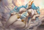  anthro big_breasts blue_eyes blue_hair bottomwear breasts clothing cloud column dragon female hair hi_res horn jewelry loincloth long_hair looking_at_viewer navel scales scalie sky solo strigiformes temple thick_thighs white_body white_scales wide_hips 