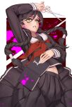  1girl arm_up bangs black_hair black_shirt black_skirt blood book braid cowboy_shot danganronpa:_trigger_happy_havoc danganronpa_(series) fukawa_touko glasses highres holding holding_book holding_scissors long_hair long_skirt long_sleeves looking_at_viewer midriff_peek mole mole_under_mouth neckerchief open_book pink_blood red_background red_neckerchief rotix round_eyewear sailor_collar scissors shirt skirt solo teeth twin_braids twintails white_background white_sailor_collar yellow_eyes 