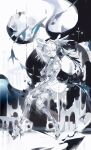  1girl abstract_background absurdres bambinata:_vitrum_(swan_lake)_(pgr) bambinata_(pgr) black_hair blunt_bangs braid braided_hair_rings chinese_commentary commentary covered_mouth cyborg dress feather_hair_ornament feathers fish flying_fish from_side full_body hair_ornament hair_rings half-closed_eyes head_wings highres invisible_chair looking_at_viewer multicolored_hair official_alternate_costume one_eye_covered punishing:_gray_raven ruins see-through_body short_dress short_hair simple_fish sitting solo split-color_hair two-tone_hair white_dress white_hair wings zhouliang48183 