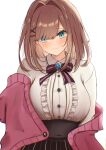  1girl absurdres alternate_eye_color black_skirt blue_eyes blue_gem blush bow bowtie breasts brown_hair cardigan center_frills closed_mouth collared_shirt commentary covered_navel frilled_shirt frills gem hair_intakes hair_ornament hairclip high-waist_skirt highres large_breasts long_hair long_sleeves looking_at_viewer nijisanji pink_bow pink_bowtie pink_cardigan purple_bow purple_bowtie ri_shan shirt simple_background skirt smile solo striped_bow striped_bowtie striped_clothes striped_skirt suzuhara_lulu suzuhara_lulu_(1st_costume) two-tone_bow two-tone_bowtie vertical-striped_clothes vertical-striped_skirt virtual_youtuber white_background white_shirt 