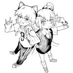  2girls absurdres alternate_costume blush_stickers bow cirno commentary contemporary daiyousei detached_wings english_commentary fairy fairy_wings full_body greyscale grin hair_bow hair_ornament hair_scrunchie highres ice ice_wings jewelry leg_warmers loafers long_sleeves monochrome multiple_girls necklace pants pendant scrunchie shirt shoes short_sleeves skirt smile sneakers touhou v vest wings wrist_scrunchie wwo3302 