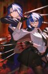  2girls ahoge arm_up between_fingers black-framed_eyewear black_gloves black_jacket black_keys_(type-moon) black_necktie black_skirt blue_eyes blue_hair chinese_commentary chromatic_aberration ciel-sensei_(fate) ciel_(tsukihime) collared_robe collared_shirt commentary_request cowboy_shot cross cross_print curtained_hair dual_persona embers expressionless fate/grand_order fate_(series) fire glasses gloves head_tilt highres holding jacket jacket_on_shoulders latin_cross light_(nightty45) looking_at_viewer multiple_girls necktie open_mouth pantyhose red_background robe round_eyewear sheath sheathed shirt short_hair sidelocks skirt smile three-quarter_sleeves tsukihime white_shirt 