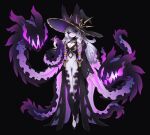  1girl black_background breasts claws english_commentary fantasy full_body hat highres large_breasts long_hair looking_at_viewer original pale_skin purple_eyes purple_hair sea_slug_girl slug_girl solo squeaky_(artist) tentacles witch_hat 
