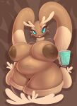  absurd_res anthro areola belly beverage big_areola big_belly big_breasts black_sclera blue_eyes breast_out breasts chubby_anthro chubby_female clothed clothing female generation_4_pokemon genitals hand_on_hip hi_res huge_breasts ineffective_clothing lagomorph legwear leporid looking_at_viewer lopunny mammal mature_female mostly_nude muffin_(r-mk) mug navel nintendo nipples overweight overweight_anthro overweight_female partially_clothed pokemon pokemon_(species) pussy r-mk rabbit slightly_chubby smile solo stockings thick_thighs video_games wide_hips 