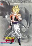  3boys abs absurdres blonde_hair blue_eyes bracer character_name clenched_hands copyright_name cropped_jacket dragon_ball dragon_ball_z fusion gogeta halo highres male_focus multiple_boys muscular muscular_male non-web_source outstretched_arm pants profile scan serious single_bang smile son_goku spiked_hair standing super_saiyan vegeta white_pants widow&#039;s_peak 