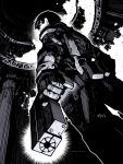  1boy absurdres beam_gun black_hair blame! gloves graviton_beam_emitter gun handgun highres holding holding_gun holding_weapon killy looking_at_viewer male_focus manabu_yashiro megastructure monochrome science_fiction short_hair solo standing weapon 