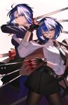  2girls ahoge arm_up between_fingers black-framed_eyewear black_gloves black_jacket black_keys_(type-moon) black_necktie black_skirt blue_eyes blue_hair chinese_commentary ciel-sensei_(fate) ciel_(tsukihime) collared_robe collared_shirt commentary_request cowboy_shot cross cross_print curtained_hair dual_persona expressionless fate/grand_order fate_(series) glasses gloves head_tilt highres holding jacket jacket_on_shoulders latin_cross light_(nightty45) looking_at_viewer multiple_girls necktie open_mouth pantyhose robe round_eyewear sheath sheathed shirt short_hair sidelocks simple_background skirt smile three-quarter_sleeves tsukihime white_background white_shirt 