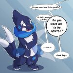  1:1 2024 3_toes anthro arm_fin balls black_nose blue_balls blue_body blue_eyes blue_markings blue_penis blush bodily_fluids buieb buizel chest_tuft clothing dialogue dipstick_tail duo english_text facial_markings feet fin fingerless_gloves forked_tail fur generation_4_pokemon genital_fluids genitals gloves good_boy handwear head_markings hi_res leaking_precum male male_anthro markings mokata_(buizel) nintendo nude_anthro nude_male offscreen_character open_mouth outline penis pokemon pokemon_(species) precum shealth signature simple_background speech_bubble star_(marking) submissive submissive_male tail tail_markings tail_motion tailwag text three-finger_salute toes tuft unusual_anatomy unusual_tail white_body white_fur 