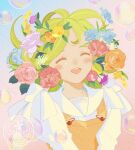  1girl ^_^ absurdres blue_flower blush bow bubble closed_eyes commentary_request dress flower green_hair happy highres juliet_sleeves kazamati_soyoka leaf long_sleeves medium_hair open_mouth orange_dress orange_flower orange_rose original pinafore_dress pink_flower pink_rose plant_hair puffy_sleeves purple_flower red_flower rose sailor_collar shirt shirt_bow sleeveless sleeveless_dress smile solo teeth upper_body upper_teeth_only v_arms watermark white_bow white_flower white_sailor_collar white_shirt yellow_flower 