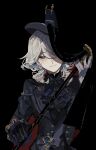 1girl ahoge ascot asymmetrical_gloves ateveryone black_background black_gloves black_shirt blending blue_ascot blue_eyes blue_hat blue_jacket blue_streaks brooch cane chinese_commentary commentary_request curtain_grab curtains frilled_sleeves frills furina_(genshin_impact) genshin_impact gloves hand_up hat head_tilt highres holding holding_cane jacket jewelry lapels long_sleeves looking_at_viewer mandarin_collar medium_hair mismatched_gloves multicolored_hair one_eye_covered partially_shaded_face red_background shirt simple_background solo straight-on streaked_hair top_hat upper_body vision_(genshin_impact) white_gloves white_hair wolf_cut 