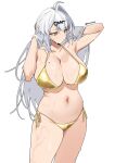  1girl absurdres adjusting_hair bikini breasts cleavage commentary english_commentary gold_bikini hair_ornament highres large_breasts long_hair navel pinepin ring_light_reflection shiny_swimsuit single_hair_intake swimsuit wet white_hair yellow_eyes yixuan_(zenless_zone_zero) zenless_zone_zero 