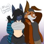  2020 anthro beanie big_breasts black_body black_bottomwear black_clothing black_fur black_hair black_inner_ear black_shorts blue_body blue_fur bottomwear breasts brown_bottomwear brown_clothing brown_pants canid canine chest_wraps clothed clothing dee_(dewwydarts) dewwydarts dialogue duo female fox fur generation_4_pokemon gesture gradient_background grey_clothing grey_shirt grey_topwear hair hair_over_eye hand_behind_head hat headgear headwear hybrid jacket lagomorph leporid looking_at_viewer lucario male mammal multicolored_body multicolored_fur nintendo one_eye_obstructed open_clothing open_jacket open_mouth open_topwear orange_body orange_clothing orange_fur orange_jacket orange_topwear pants pokemon pokemon_(species) rabbit shirt shorts simple_background spikes spikes_(anatomy) standing talking_to_viewer tan_body tan_fur topwear two_tone_body two_tone_fur tyro_(recktyromania) video_games waving waving_at_viewer white_body white_fur wraps yellow_sclera 