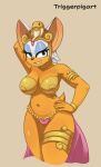  absurd_res anthro big_breasts bikini bite biting_lip breasts chiropteran clothing cosplay female grin hand_behind_head hand_on_hip harem_outfit hi_res looking_at_viewer mammal rouge_the_bat sega shantae_(series) simple_background smile snaggle_tooth solo sonic_the_hedgehog_(series) swimwear triggerpigart video_games wayforward 