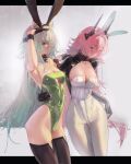  2girls absurdres animal_ear_hairband animal_ears arknights black_thighhighs black_wrist_cuffs blush cat_ears cat_girl closed_mouth commentary english_commentary fake_animal_ears gandy_(gan3e46) gloves green_eyes green_hair green_leotard hairband hand_on_another's_waist highres horns kal'tsit_(arknights) leotard long_hair looking_at_another looking_at_viewer multicolored_hair multiple_girls open_mouth pantyhose partially_fingerless_gloves pink_leotard playboy_bunny simple_background smile theresa_(arknights) thighhighs white_background white_hair white_pantyhose wrist_cuffs 