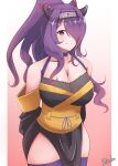  1girl absurdres bakaretsu bare_shoulders breasts camilla_(fire_emblem) choker cleavage collarbone fire_emblem fire_emblem_fates fire_emblem_heroes fishnet_top fishnets headband highres large_breasts long_hair ninja official_alternate_costume official_alternate_hairstyle pelvic_curtain ponytail purple_eyes purple_ribbon ribbon ribbon_choker sidelocks smile solo thighhighs thighs wavy_hair wide_hips 