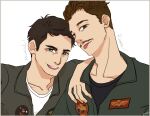  2boys black_shirt blue_eyes bomber_jacket bradley_&quot;rooster&quot;_bradshaw brown_eyes brown_hair fabl facial_hair jacket miles_teller military multiple_boys mustache patch pete_&quot;maverick&quot;_mitchell pilot pilot_suit roundel shirt short_hair tom_cruise top_gun top_gun:_maverick united_states_navy white_shirt 