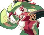  1girl black_boots black_hat boots bright_pupils clothed_pokemon colored_skin gem green_gem green_hair hat korosliszt long_hair looking_at_viewer monster_girl pink_eyes pink_thighhighs pirate_hat plant_girl pokemon pokemon_(creature) pokemon_unite shirt simple_background solo standing swept_bangs thighhighs tri_tails tsareena tsareena_(captain) upper_body white_background white_pupils white_shirt white_skin 