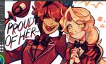  1boy 1girl :3 ;d ahoge alastor_(hazbin_hotel) animal_ears animal_nose antlers art_program_in_frame artist_name black-framed_eyewear black_bow black_bowtie black_hair black_nails blonde_hair bob_cut bow bowtie breasts charlie_morningstar circle_facial_mark clip_studio_paint closed_mouth colored_sclera colored_skin colored_tips commentary cross curtained_hair deer_antlers deer_boy deer_ears english_commentary english_text eyes_visible_through_hair eyeshadow facial_mark flower forehead-to-forehead hair_between_eyes hand_on_another's_shoulder hands_up hazbin_hotel heads_together hellaverse hendithehen holding holding_staff horns interlocked_fingers inverted_bob jacket lapels layered_sleeves long_hair long_sleeves looking_at_another looking_up low-tied_long_hair makeup monocle multicolored_hair nail_polish notched_lapels one_eye_closed open_mouth orange_flower own_hands_clasped own_hands_together raised_inner_eyebrows red-tinted_eyewear red_eyes red_eyeshadow red_hair red_jacket red_sclera red_shirt round_eyewear sharp_teeth shirt short_hair sideways_glance simple_background small_breasts smile staff striped_clothes striped_jacket swept_bangs tearing_up teeth thick_eyelashes tinted_eyewear tongue traditional_bowtie turtleneck turtleneck_shirt two-tone_hair upper_body upper_teeth_only vertical-striped_clothes vertical-striped_jacket white_background white_eyes white_shirt white_skin wide-eyed yellow_sclera 
