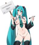  1girl absurdres aqua_eyes aqua_hair artist_name black_thighhighs blush breasts cleft_of_venus commentary english_commentary english_text female_pubic_hair hair_between_eyes hatsune_miku highres holding holding_marker holding_sign kagironsfw long_hair looking_at_viewer marker medium_breasts nipples nude pubic_hair pussy sign simple_background smile solo thighhighs twintails twitter_username very_long_hair vocaloid white_background 