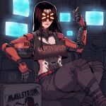  1girl artificial_eye bigmsaxon black_pants black_tank_top breasts brown_hair cigarette clothes_writing cyberpunk_(series) cyberpunk_2077 cyborg highres holding holding_cigarette long_hair mechanical_arms mechanical_eye medium_breasts midriff pants screen sitting smile solo tank_top 