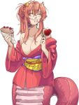  1girl bare_shoulders breasts carrot-kun closed_eyes closed_mouth eating english_commentary food hair_ornament hairclip holding holding_food japanese_clothes kimono lamia large_breasts long_hair miia_(monster_musume) monster_girl monster_musume_no_iru_nichijou obi pointy_ears ponytail red_hair red_kimono sash scales second-party_source sidelocks solo wavy_mouth wide_sleeves 