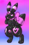  &lt;3 &lt;3_bulge 2022 anthro anthrofied biped black_body blush bulge digital_drawing_(artwork) digital_media_(artwork) eeveelution generation_2_pokemon girly glistening gradient_background hi_res himuic-tmill hypnosis looking_at_viewer mammal mind_control multicolored_body nintendo null_bulge pink_body pokemon pokemon_(species) pokemorph rubber simple_background smile solo spiral_eyes striped_body stripes two_tone_body umbreon video_games 