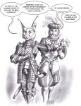 0laffson 2026 anthro armor beard biped caracal caracal_(genus) clothing codpiece couter cuirass cuisse dagger dialogue doublet dressing_another duo ear_piercing ear_ring english_text facial_hair facial_scar faulds felid feline gauntlets gloves gorget greaves greyscale handwear hi_res holding_dagger holding_melee_weapon holding_object holding_weapon human knight kriegsmesser male male_anthro male_human mammal medieval_clothing melee_weapon messer_(sword) monochrome pauldron piercing plume poleyn puffy_pants rerebrace ring_piercing scar sheathed_sword speech_bubble squire standing tassets text traditional_media_(artwork) vambrace warrior weapon 
