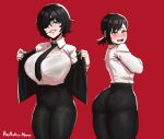  2girls absurdres aestheticc-meme artist_name ass bangs black_hair black_necktie black_pants blush bra_visible_through_clothes breasts chainsaw_man eyepatch green_eyes higashiyama_kobeni highres himeno_(chainsaw_man) huge_ass huge_breasts jacket long_sleeves looking_at_viewer multiple_girls necktie open_mouth pants pantylines red_background see-through shirt shirt_tucked_in short_hair smile sweat textless_version thick_thighs thighs tight tight_pants white_shirt yellow_eyes 