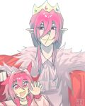  1boy 1girl :d animal_ears ascot black_gloves cape closed_mouth collared_shirt commentary corrupted_twitter_file crossover crown double-parted_bangs ear_piercing english_commentary fingerless_gloves flower-shaped_pupils fur-trimmed_cape fur-trimmed_collar fur_trim gloves hair_between_eyes hairband hand_up haru_urara_(bestest_prize)_(umamusume) haru_urara_(umamusume) highres horse_ears horse_girl jacket long_hair long_sleeves looking_at_another looking_down luvleyreyn medium_hair minecraft_youtube open_clothes open_jacket open_mouth piercing pink_eyes pink_hair pink_hairband pink_jacket pink_shirt pointy_ears red_cape red_eyes scar scar_on_face scar_on_mouth shirt smile symbol-shaped_pupils technoblade umamusume upper_body white_ascot white_shirt 