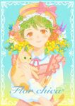  1girl absurdres animal blue_flower boater_hat bow brown_cat brown_hat cat clover collared_shirt commentary_request dress flower four-leaf_clover hat hat_bow highres holding holding_animal holding_cat juliet_sleeves kazamati_soyoka lavender_(flower) leaf long_sleeves looking_at_viewer medium_hair neck_ribbon open_mouth orange_eyes orange_flower orange_rose original pinafore_dress pink_bow pink_flower pink_ribbon pink_rose plant_hair puffy_sleeves purple_flower red_dress red_flower red_rose ribbon rose shirt sleeveless sleeveless_dress smile solo spanish_text teeth upper_body upper_teeth_only white_shirt yellow_flower 