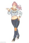 1girl alternate_costume black_bow black_pants blue_eyes blunt_bangs bow breasts commentary commission cropped_jacket english_commentary fujiwara_chika full_body gofelem hair_bow hand_on_own_hip high_ponytail highres jacket kaguya-sama_wa_kokurasetai_~tensai-tachi_no_renai_zunousen~ long_hair long_sleeves looking_at_viewer medium_breasts midriff navel one_eye_closed pants pink_hair pointing ponytail simple_background smile solo standing stirrup_footwear toeless_socks toes white_background white_jacket 