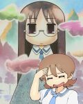  2girls =_= aioi_yuuko artist_collaboration black_hair blue_necktie bommitball breasts brown_hair closed_eyes closed_mouth cloud emajelly english_commentary glasses hand_on_own_head highres long_hair medium_breasts minakami_mai mountain multiple_girls necktie nichijou open_mouth purple_eyes sailor_collar school_uniform semi-rimless_eyewear serafuku shirt short_hair short_sleeves sky tears tree very_long_hair white_sailor_collar white_serafuku white_shirt 