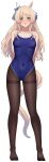 1girl alternate_costume animal_ears arms_behind_back bakkasu150 bare_shoulders bell blonde_hair blue_eyes blue_one-piece_swimsuit blush breasts commentary_request covered_navel ear_covers elbow_gloves full_body gloves hair_between_eyes highres horse_ears horse_girl horse_tail long_hair looking_at_viewer medium_breasts navel one-piece_swimsuit open_mouth pantyhose pantyhose_under_swimsuit simple_background single_ear_cover solo swimsuit tail thighband_pantyhose umamusume victoire_pisa_(umamusume) 