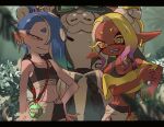  1boy 2girls absurdres big_man_(splatoon) blonde_hair blurry blurry_foreground collarbone colored_eyelashes colored_tips commentary_request crop_top dark-skinned_female dark_skin earrings fish_hook_earrings forest frye_(splatoon) frye_(splatoon_raiders) hand_on_own_hip highres inkling jewelry letterboxed long_hair long_pointy_ears looking_at_another maki_chaa multicolored_hair multiple_girls nature navel octoling open_mouth outdoors pink_hair pointy_ears red_eyes shiver_(splatoon) shiver_(splatoon_raiders) short_eyebrows single_earring splatoon_(series) splatoon_raiders sweatdrop tentacle_hair thick_eyebrows topknot two-tone_hair 