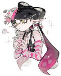  1girl black_hair bow-shaped_hair breasts callie_(splatoon) chain_choker collar collarbone commentary_request cropped_torso cross-shaped_pupils cup detached_sleeves drinking_straw earrings fingernails gradient_hair hair_ornament heart highres holding holding_cup inkling jewelry long_fingernails long_hair long_pointy_ears looking_to_the_side medium_breasts mole mole_under_eye multicolored_hair pale_skin pink_hair pink_nails pointy_ears safety_pin simple_background skull_collar solo sparkle splatoon_(series) striped_sleeves sushi_hair_ornament symbol-shaped_pupils tentacle_hair togetoge very_long_hair white_background yellow_eyes 