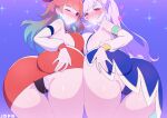  2girls aqua_hair ass asymmetrical_docking blue_dress blush breast_press closed_mouth detached_sleeves dress grey_hair hololive hololive_english hololive_indonesia jdpr long_hair looking_at_viewer multiple_girls one_eye_closed orange_hair orange_shirt orange_skirt pavolia_reine pavolia_reine_(1st_costume) purple_eyes shirt skirt smile takanashi_kiara takanashi_kiara_(1st_costume) virtual_youtuber white_sleeves 