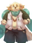  1boy animal_ears bara belly black_pants clenched_hands colored_tips cu_sith_(housamo) dog_boy dog_ears dog_tail english_commentary fangs fat furry furry_male green_jacket green_scarf highres jacket looking_at_viewer lune_draw male_focus multicolored_hair open_clothes open_jacket open_mouth pants plump scarf smile tail tokyo_afterschool_summoners yellow_fur 