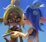  2girls blue_hair blue_sky commentary_request crop_top dark-skinned_female dark_skin dbwuqldvec82805 earrings fish_hook_earrings frye_(splatoon) frye_(splatoon_raiders) hair_over_one_eye hand_fan hand_on_own_hip holding holding_fan inkling jewelry long_hair looking_at_another multiple_girls navel octoling outdoors pointy_ears red_eyes shiver_(splatoon) shiver_(splatoon_raiders) short_eyebrows single_earring sky smile splatoon_(series) standing teeth tentacle_hair thick_eyebrows topknot 