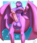  absurd_res anthro balls big_balls big_breasts blue_hair breasts butt dominant dominant_intersex dragon erection genitals green_eyes gynomorph hair hi_res huge_balls huge_breasts intersex looking_at_viewer musical_note nude penis pink_body scales scalie solo tohilewd wings 