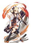  1girl arknights asymmetrical_footwear belt black_boots black_dress black_shoes blonde_hair boots bracelet breasts commentary_request demon_girl demon_horns dress fire flamethrower full_body holding holding_flamethrower holding_weapon horns ifrit_(arknights) jacket jewelry knee_pads material_growth necklace open-toe_shoes oripathy_lesion_(arknights) red_eyes shoes simple_background single_boot single_knee_pad small_breasts smile solo standing thigh_belt thigh_strap weapon white_background white_jacket yorktown_cv-5 