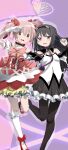  2girls akemi_homura akemi_homura_(magical_girl) black_boots black_hairband black_skirt boots bow brown_eyes center_frills chest_bow commentary detached_sleeves dress dress_bow frills gloves hair_bow hairband highres kaname_madoka kaname_madoka_(magical_girl) mahou_shoujo_madoka_magica mahou_shoujo_madoka_magica:_walpurgis_no_kaiten multiple_girls off-shoulder_shirt off_shoulder open_mouth pink_background pink_bow pink_hair puffy_short_sleeves puffy_sleeves purple_background purple_eyes red_bow red_dress red_shoes sengoku_chidori shirt shoes short_sleeves skirt sleeveless sleeveless_dress socks thigh_boots twintails white_gloves white_shirt white_socks 