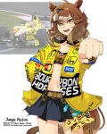  absurdres adapted_costume ahoge animal_ears bandeau belt blue_skirt blush breasts brown_belt brown_hair car clenched_hand collarbone commentary formula_one formula_racer hair_between_eyes hair_ornament hairclip hand_in_pocket highres holeecrab horse_ears horse_girl horse_tail jacket jungle_pocket_(champion's_battle_cry)_(umamusume) jungle_pocket_(umamusume) logo long_sleeves looking_at_viewer mastercard medium_hair midriff motor_vehicle navel notched_ear open_clothes open_jacket open_mouth photo_inset race_vehicle racecar skirt small_breasts smile tail teeth umamusume untranslatable_commentary upper_teeth_only yellow_bandeau yellow_eyes yellow_jacket 