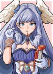  1girl bangs blush breasts cleavage food gloves highres illius4 long_hair looking_at_viewer medium_breasts melia_antiqua pocky pocky_in_mouth solo swept_bangs very_long_hair white_gloves wings xenoblade_chronicles_(series) xenoblade_chronicles_3 