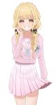  1girl absurdres black_ribbon blonde_hair blush braid cowboy_shot fujita_kotone gakuen_idolmaster grin gucchi_(gucchi_zuizui) hair_rollers highres idolmaster long_hair long_sleeves looking_at_viewer official_alternate_costume pink_serafuku pleated_skirt ribbon sakura_photograph_(idolmaster) school_uniform serafuku simple_background skirt smile solo twin_braids white_background yellow_eyes 