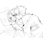  1boy 1girl bleach blush bra breasts cleavage commentary english_commentary hetero highres hitsugaya_toushirou kiss kissing_neck kurosaki_karin medium_breasts monochrome pillow ponytail robe silegesi strap_slip underwear wide_sleeves 