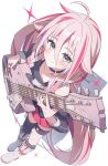  1girl ahoge asymmetrical_legwear black_choker black_shirt blue_eyes blush boots braid choker closed_mouth collarbone commentary_request dot_nose dutch_angle electric_guitar from_above full_body gibson_les_paul grey_boots guitar hair_between_eyes hair_flaps hasei_(hasei01) highres holding holding_plectrum ia_(vocaloid) instrument jewelry kneehighs long_hair long_sleeves looking_at_viewer looking_up multicolored_hair off-shoulder_shirt off_shoulder pink_hair pink_skirt pink_streaks playing_guitar playing_instrument pleated_skirt plectrum ring shirt sidelocks simple_background single_kneehigh single_sock single_thighhigh skirt smile socks solo streaked_hair thigh_strap thighhighs twin_braids twitter_username uneven_legwear very_long_hair vocaloid white_background 